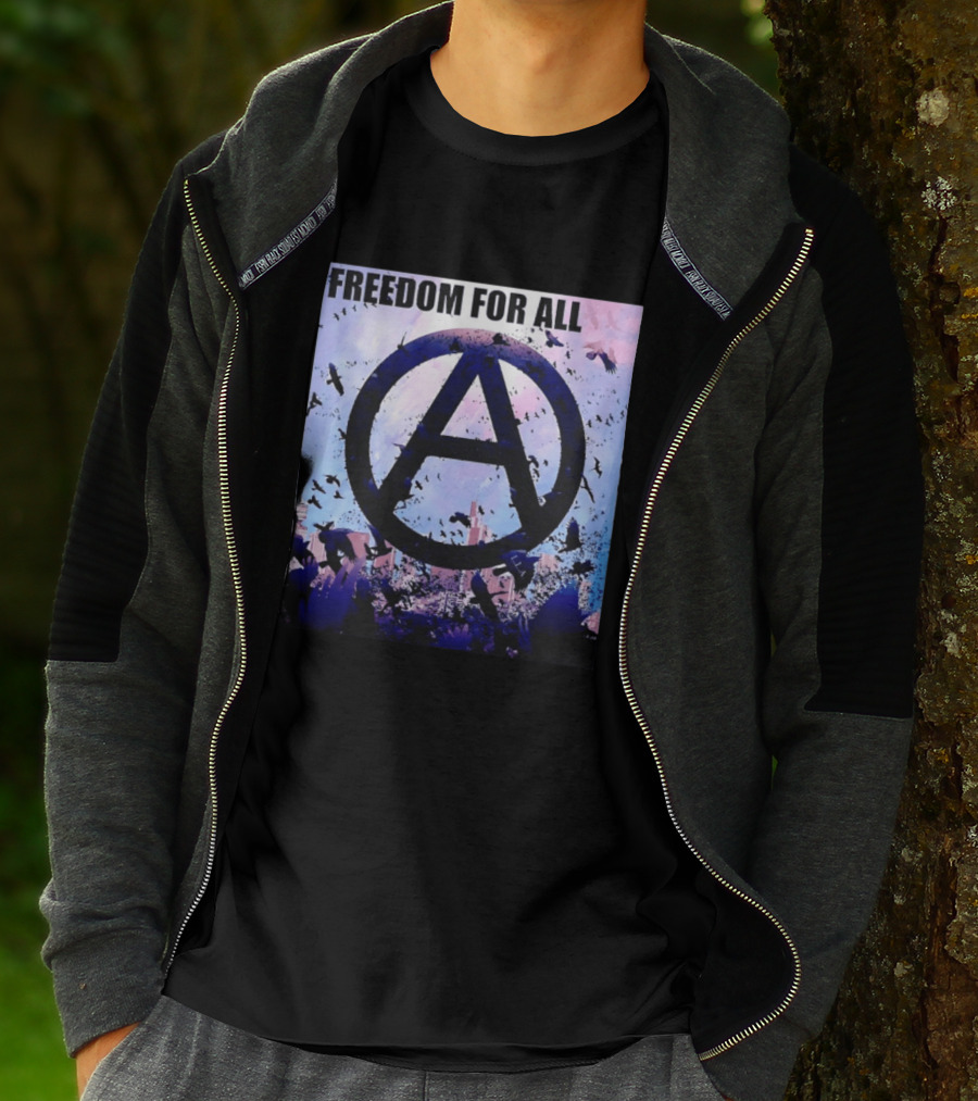 FdA IFA Freedom For All Anarchy Symbol With Birds And City Skyline T-Shirt