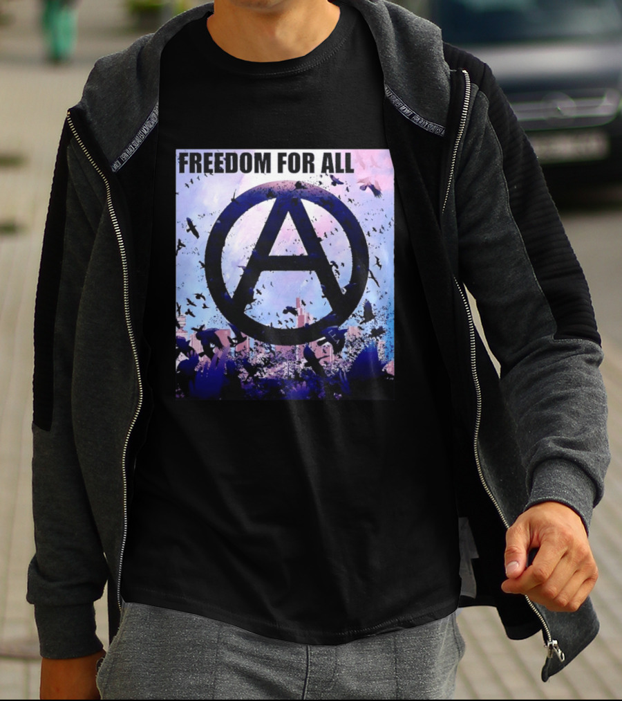 FdA IFA Freedom For All Anarchy Symbol With Birds And City Skyline T-Shirt