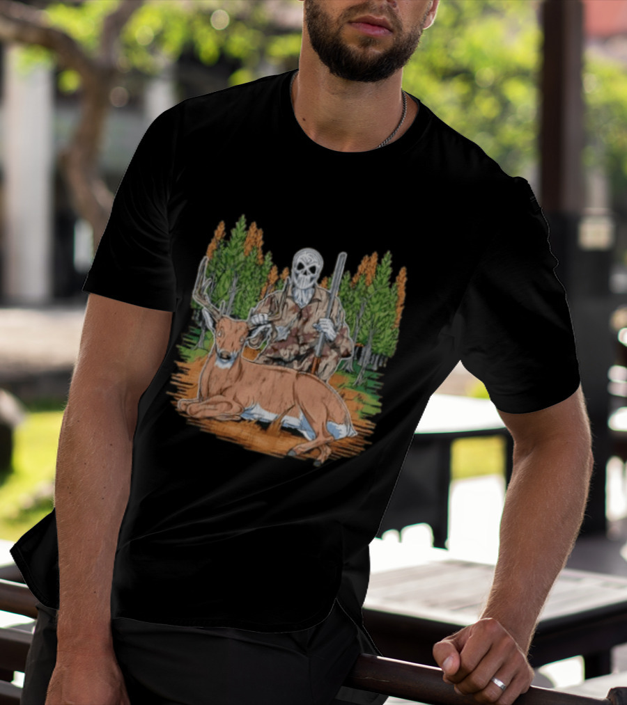 Skeleton Deer Hunting Skull Mask Camouflage Forest Scene T-Shirt