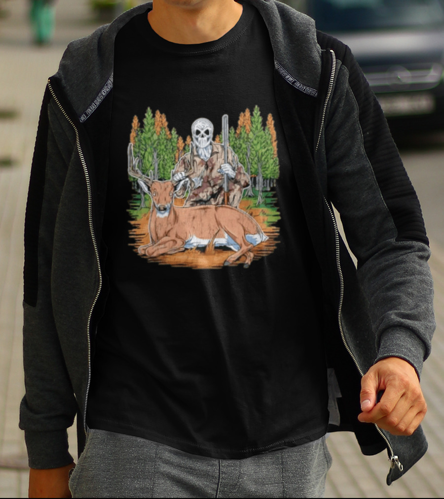 Skeleton Deer Hunting Skull Mask Camouflage Forest Scene T-Shirt