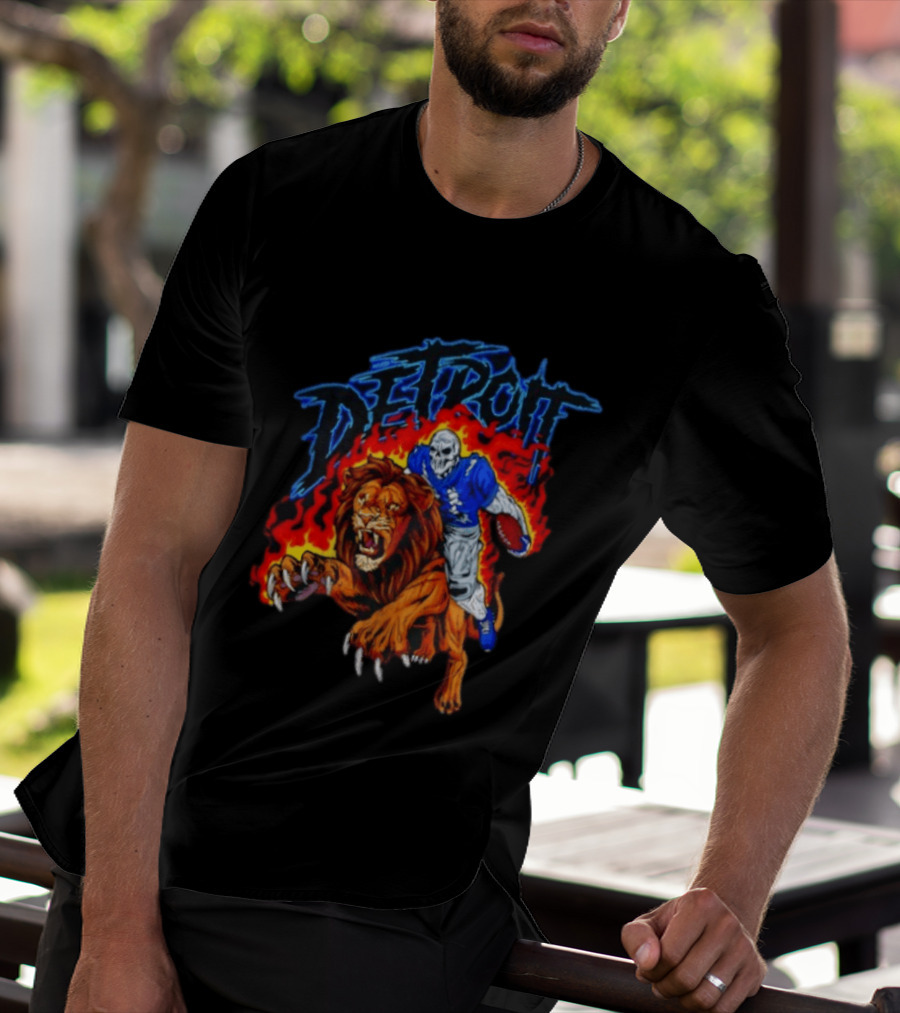 Detroit Skeleton Football Player Lion Fire Fusion T-Shirt