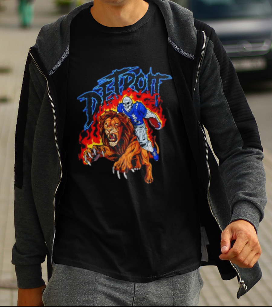 Detroit Skeleton Football Player Lion Fire Fusion T-Shirt