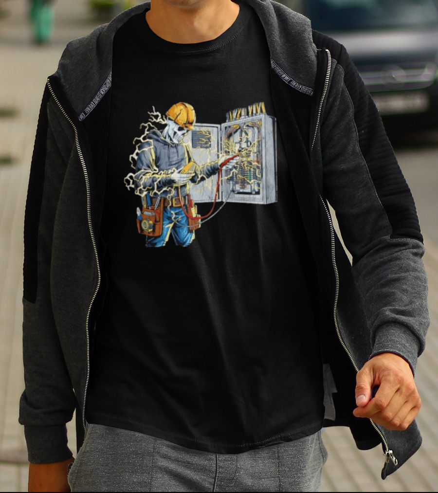 Skeleton Electrician Hard Hat Voltage Sparks T-Shirt