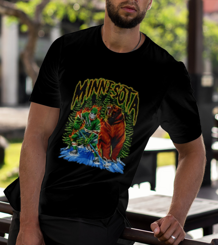Minnesota Wild Hockey Skeleton Bear Forest Fire T-Shirt
