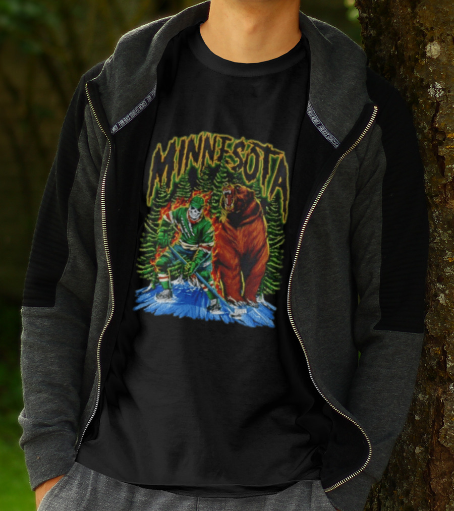 Minnesota Wild Hockey Skeleton Bear Forest Fire T-Shirt