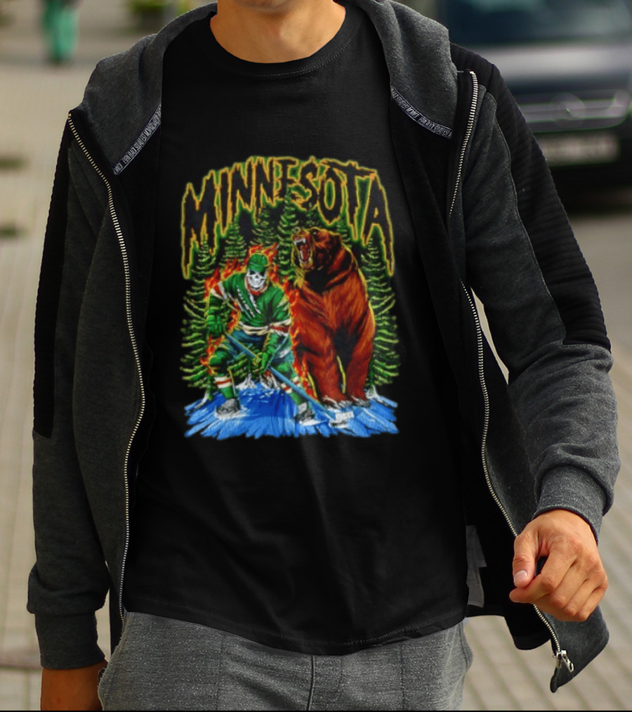 Minnesota Wild Hockey Skeleton Bear Forest Fire T-Shirt