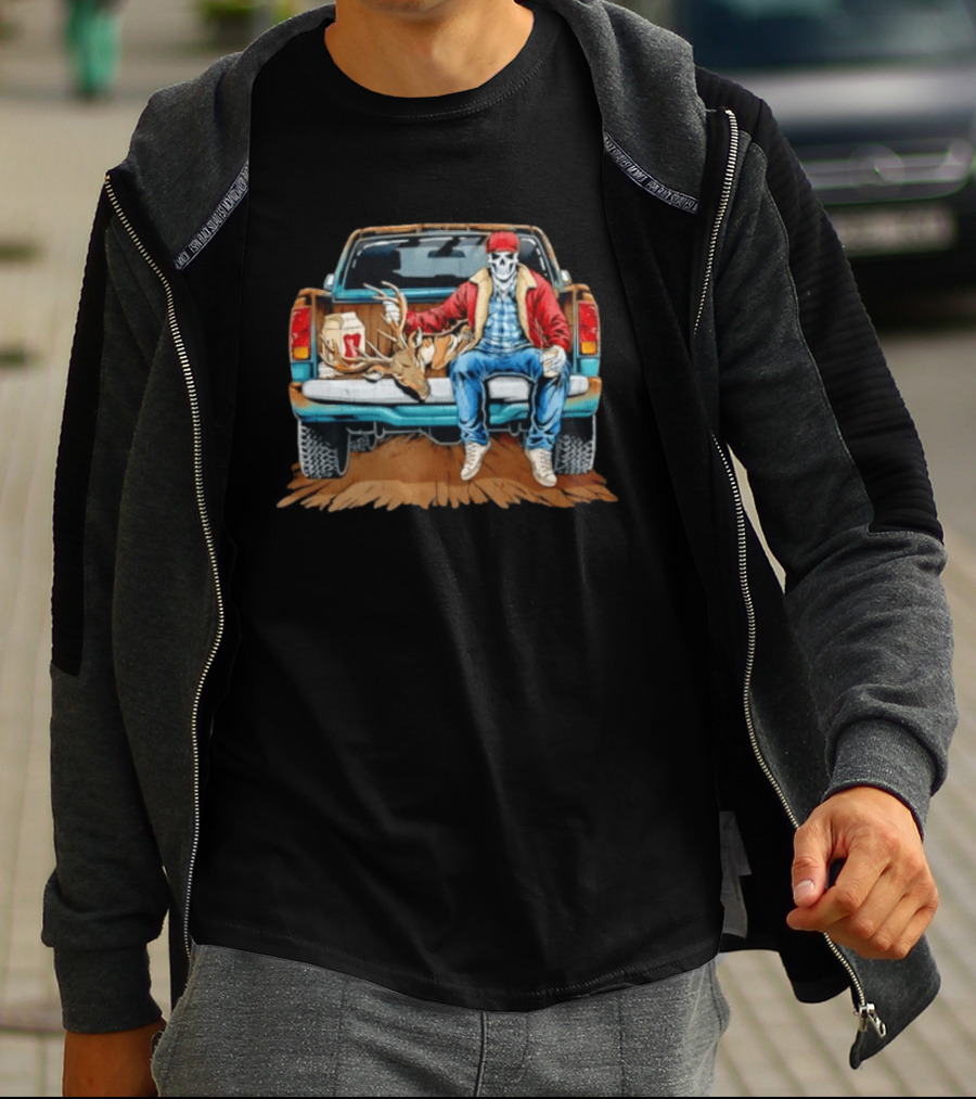 Skeleton Cowboy With Deer Antlers Truck Scene T-Shirt