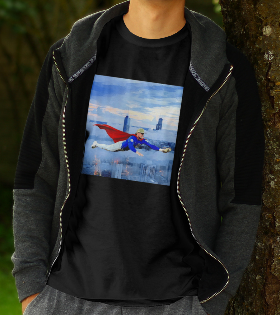 Superman Nico Hoerner Chicago Cubs Second Baseman Flying Over City Skyline T-Shirt