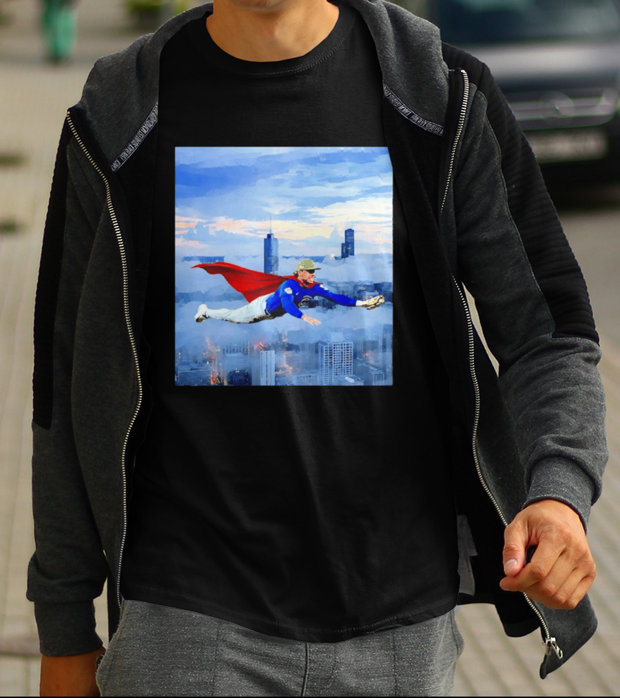 Superman Nico Hoerner Chicago Cubs Second Baseman Flying Over City Skyline T-Shirt