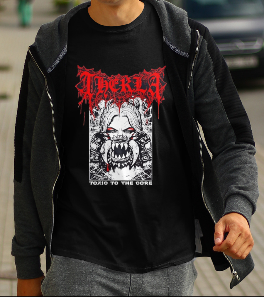 Therkla Toxic To The Core Female Demon Mouth Red Eyes Dripping Blood T-Shirt