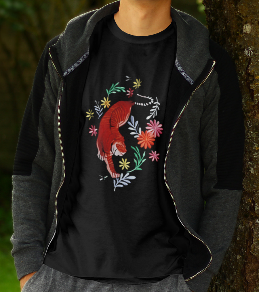 Todd Herzog Bengal Tiger Floral Motif With Vibrant Blooming Flowers T-Shirt