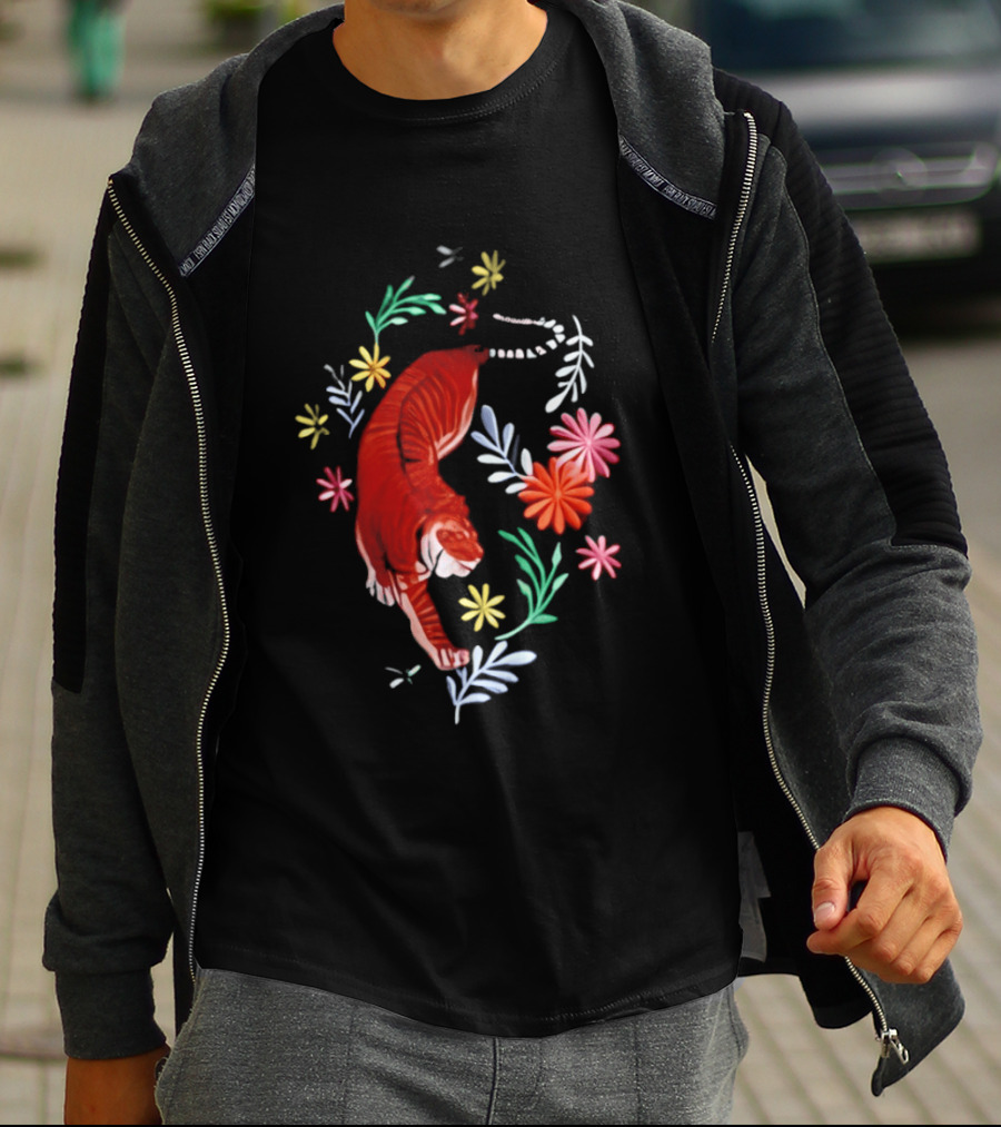 Todd Herzog Bengal Tiger Floral Motif With Vibrant Blooming Flowers T-Shirt