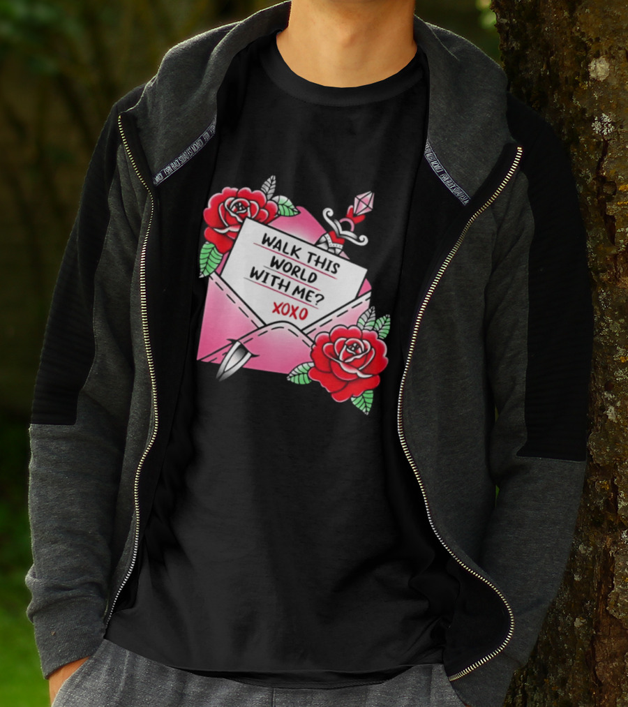 Walk This World With Me XOXO Romantic Tattoo Roses And Letter Envelope T-Shirt