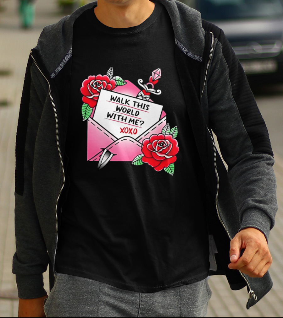 Walk This World With Me XOXO Romantic Tattoo Roses And Letter Envelope T-Shirt