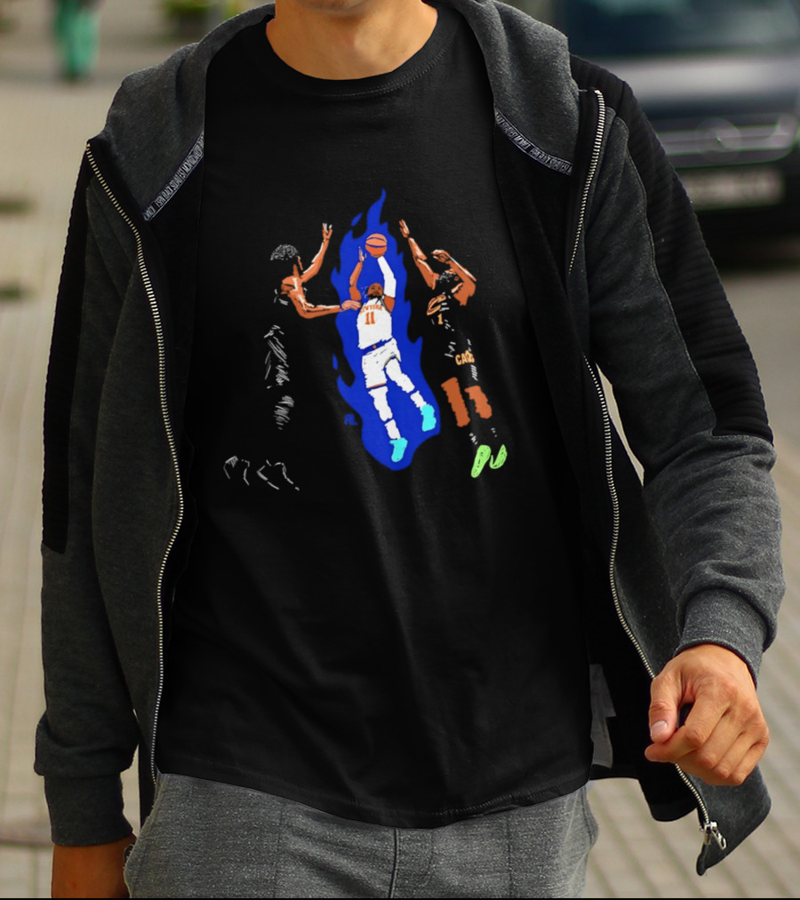 New York 11 Basketball Player Blue Flames Action Scene T-Shirt