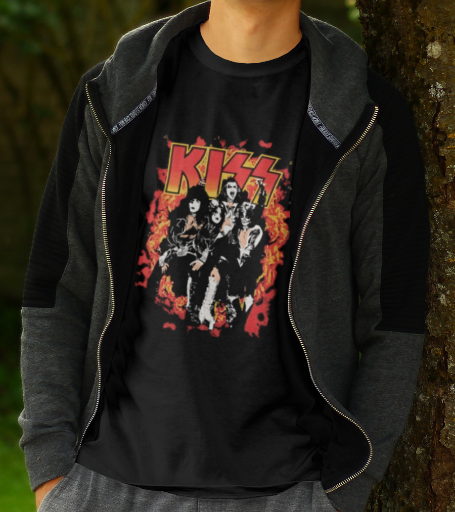 Kiss Flames And Flames All Over With Iconic Band T-Shirt