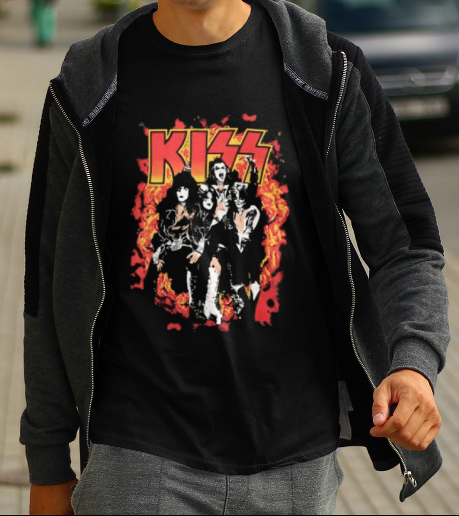 Kiss Flames And Flames All Over With Iconic Band T-Shirt