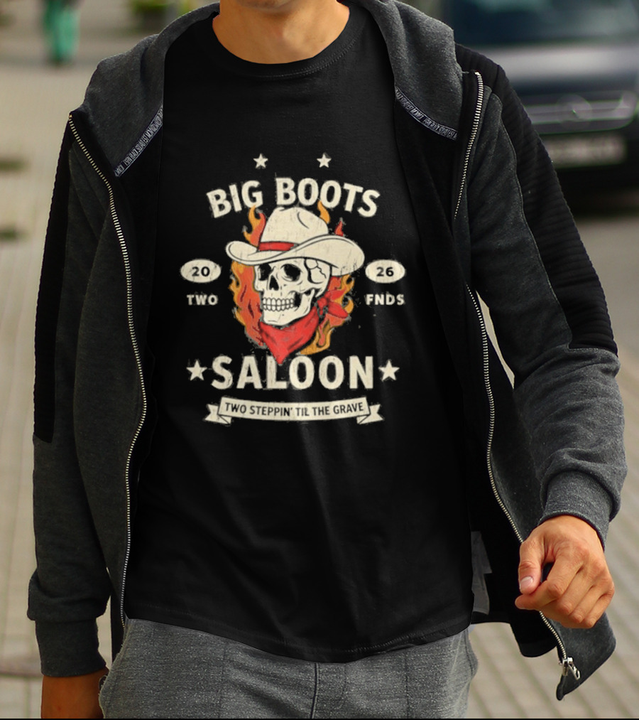 Big Boots Saloon Two Friends Cowboy Skull Flames Vintage 2018 T-Shirt