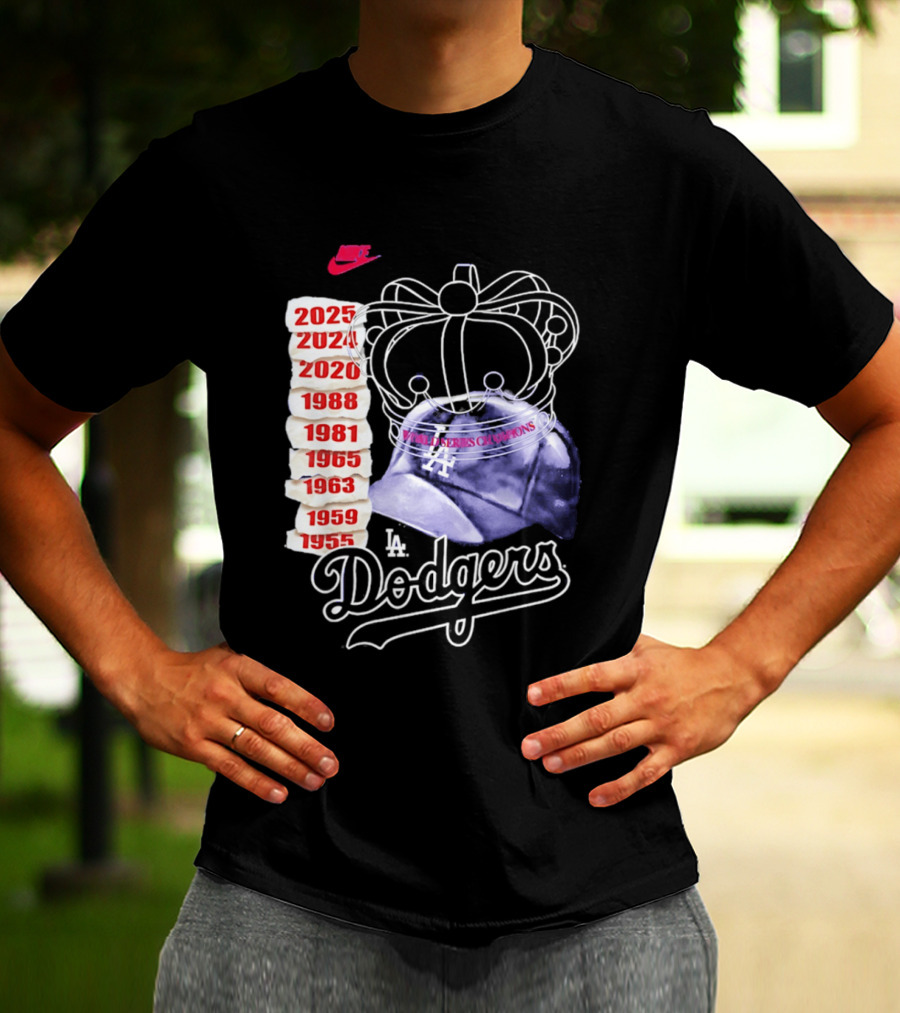Los Angeles Dodgers 9x World Series Champions Crown And Cap 1955 2025 T-Shirt