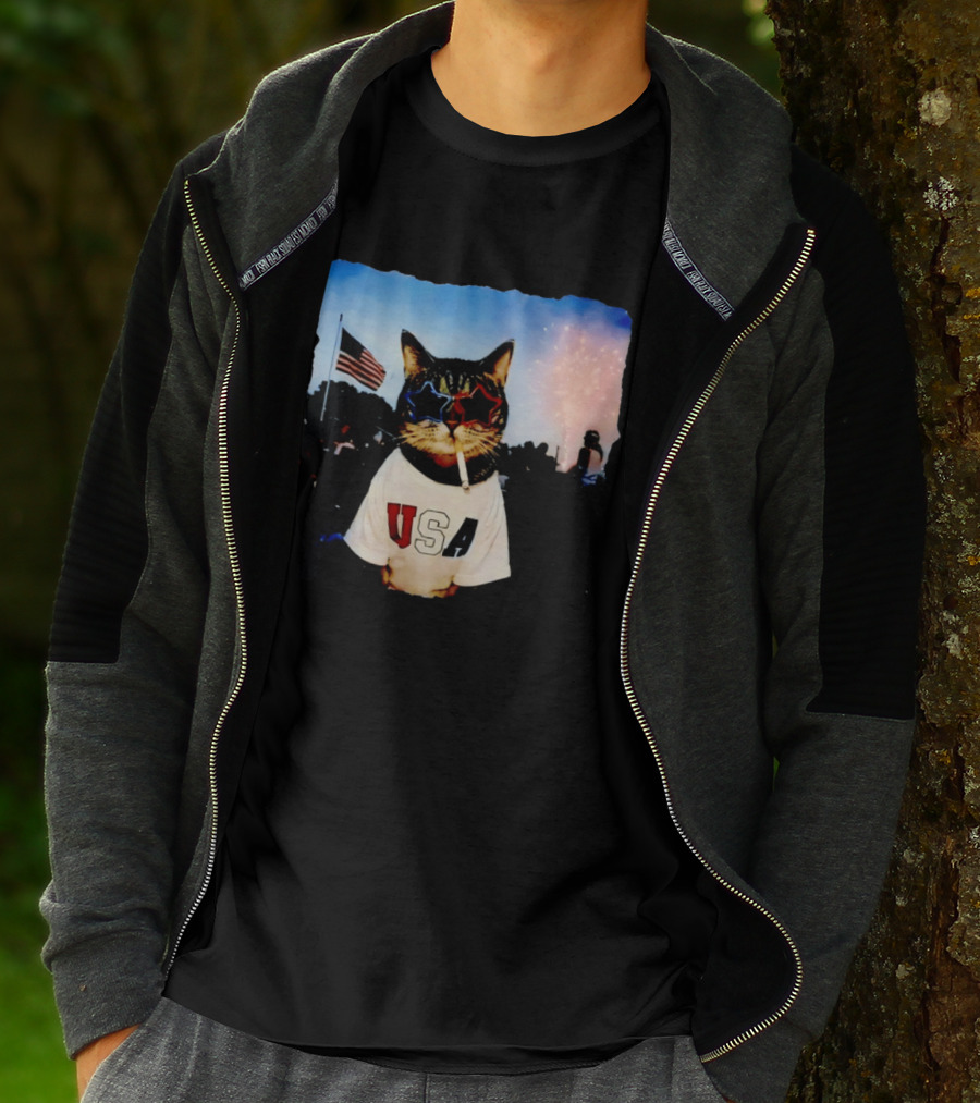USA Cat With American Flag Sunglasses Smoking Fireworks T-Shirt