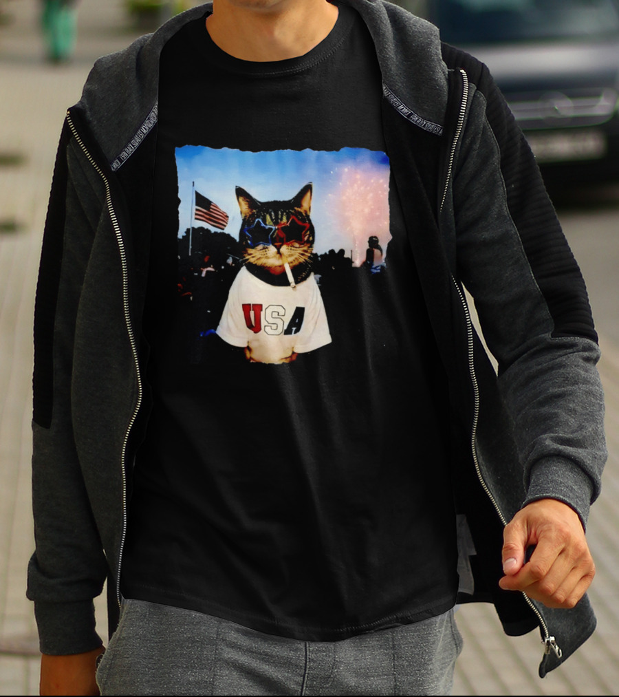 USA Cat With American Flag Sunglasses Smoking Fireworks T-Shirt
