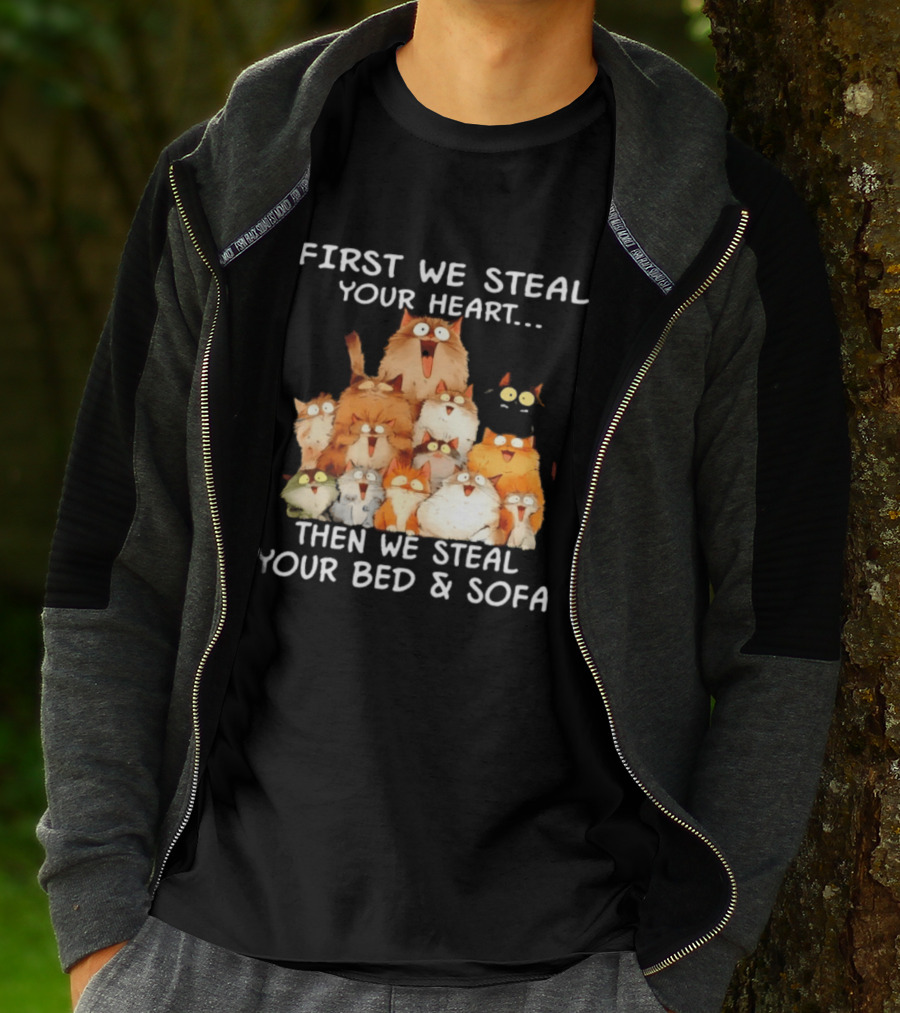 First We Steal Your Heart Then We Steal Your Bed And Sofa Cats Stack T-Shirt
