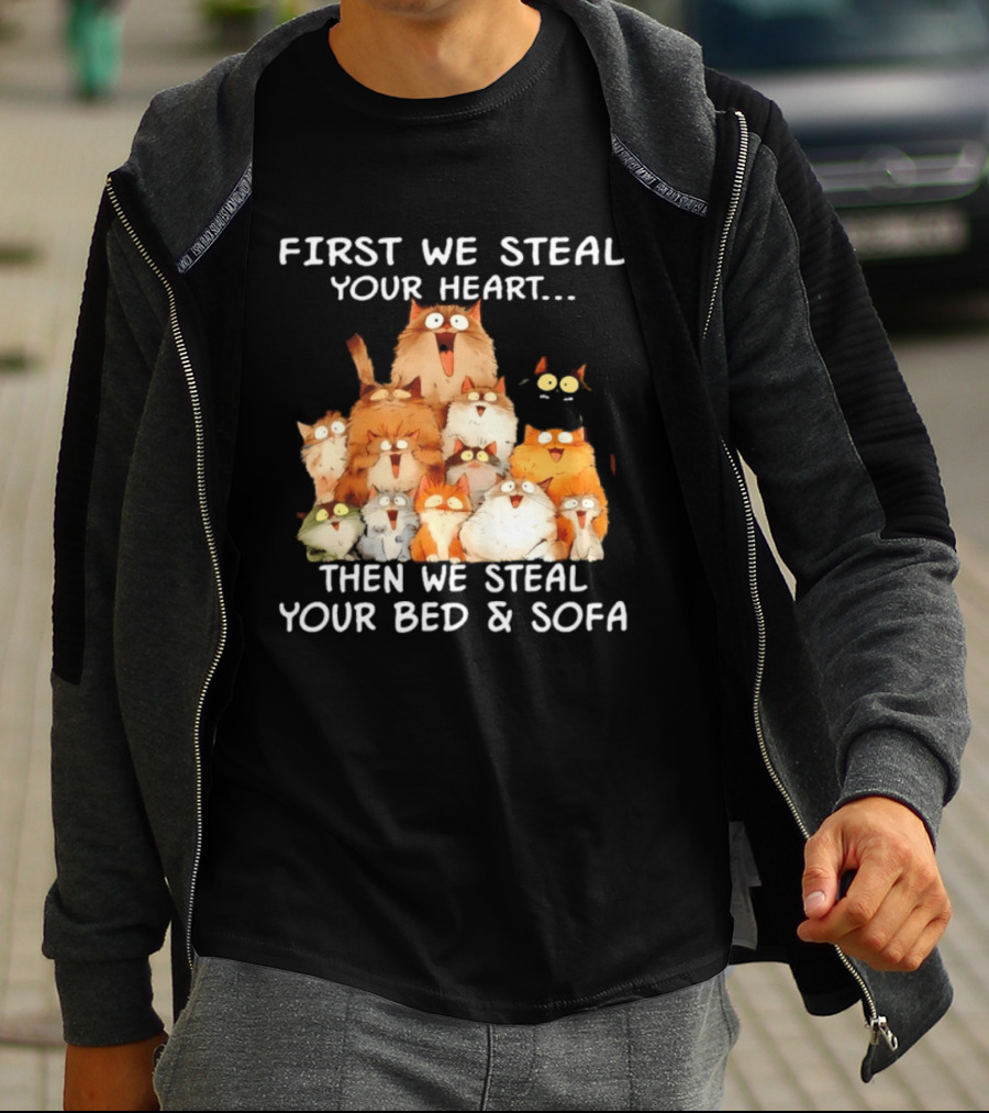 First We Steal Your Heart Then We Steal Your Bed And Sofa Cats Stack T-Shirt