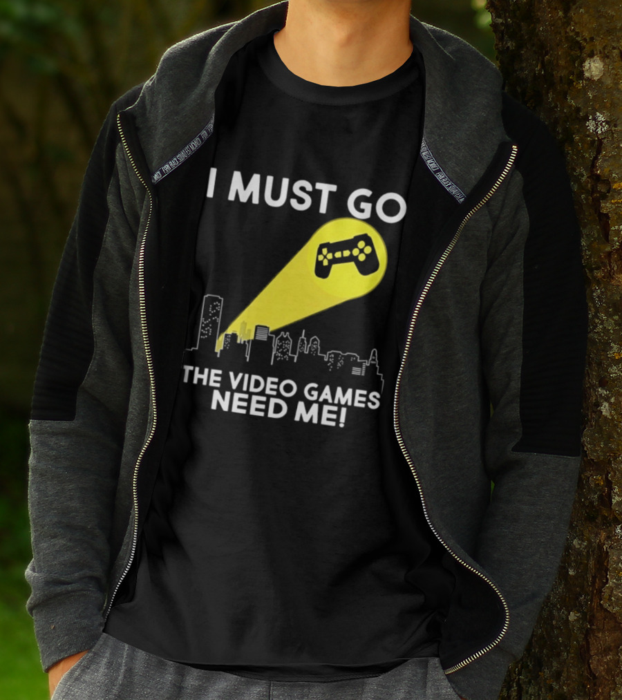I Must Go The Video Games Need Me Game Controller Skyline Light Beam T-Shirt