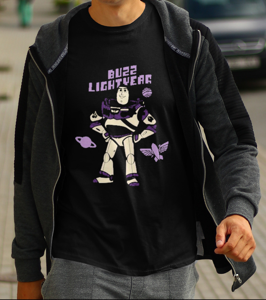 Buzz Lightyear Toy Story 5 Character Illustration With Planets And Rocket Iconography T-Shirt