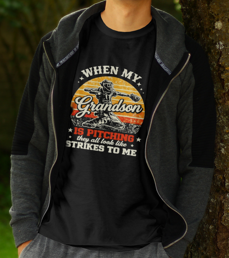 When My Grandson Is Pitching They All Look Like Strikes To Me Grandson Baseball Pitcher Sunset T-Shirt