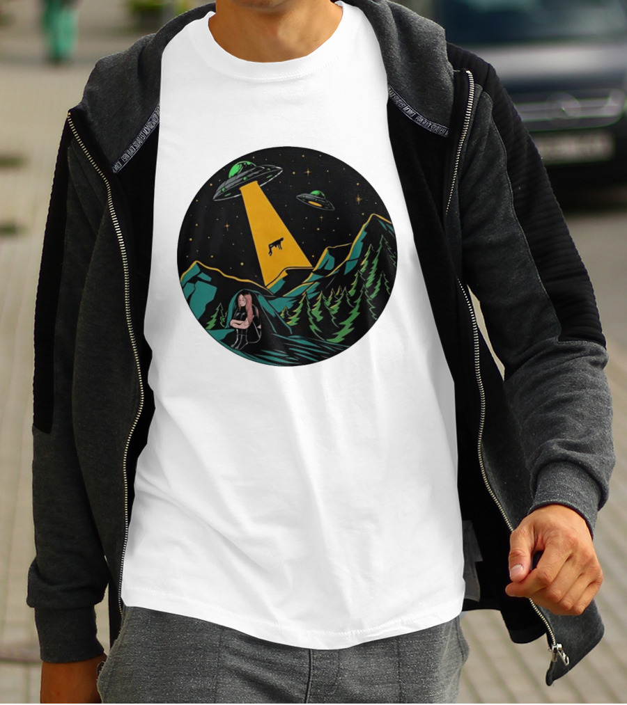UFOs Aliens Abduction Night Sky Mountains Forest Trees Stars Beam T-Shirt
