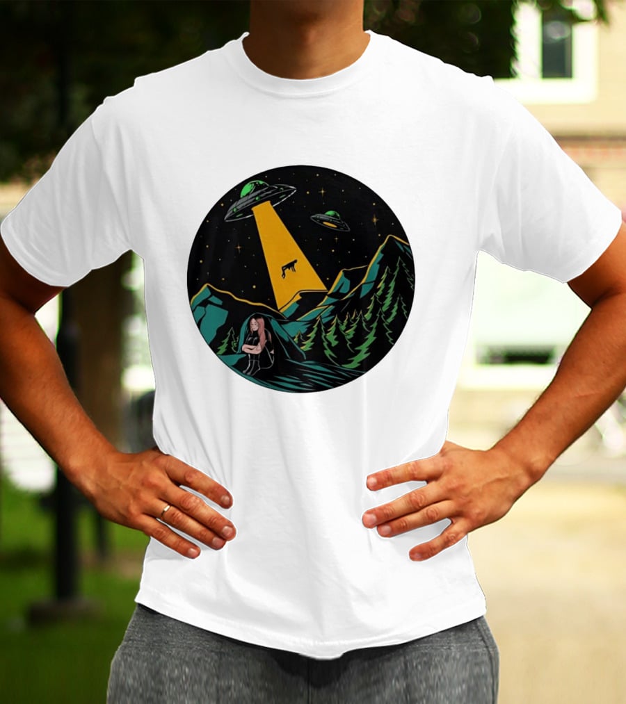 UFOs Aliens Abduction Night Sky Mountains Forest Trees Stars Beam T-Shirt