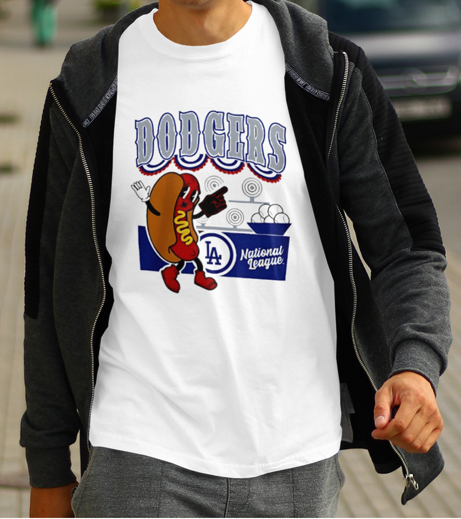 Cartoon Hot Dog Dodgers LA National League Baseball T-Shirt