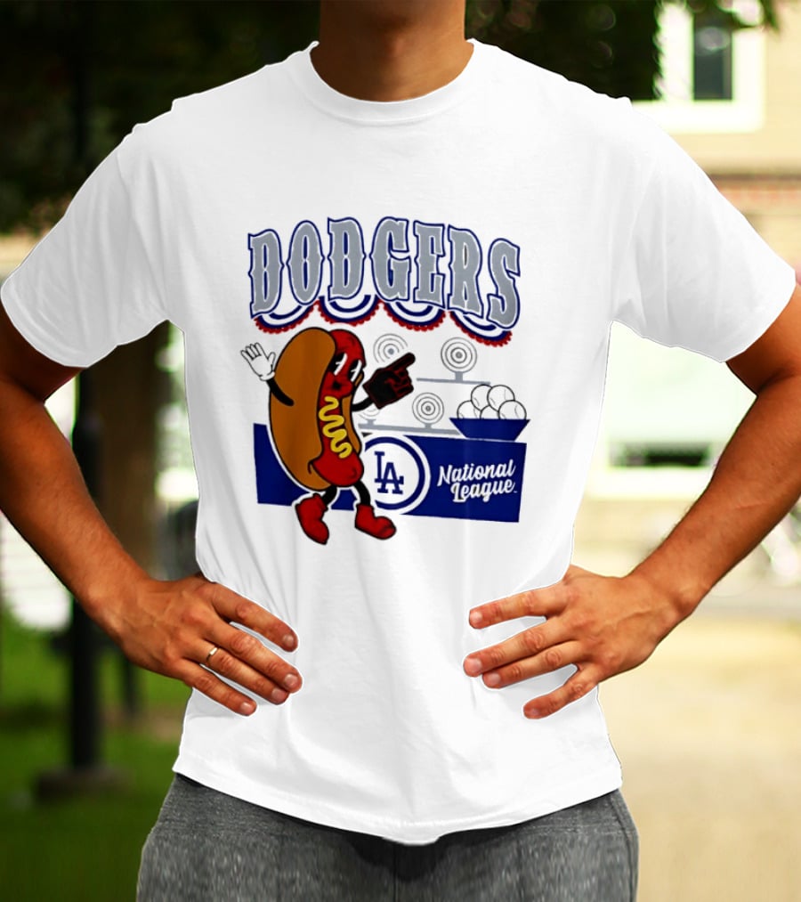 Cartoon Hot Dog Dodgers LA National League Baseball T-Shirt