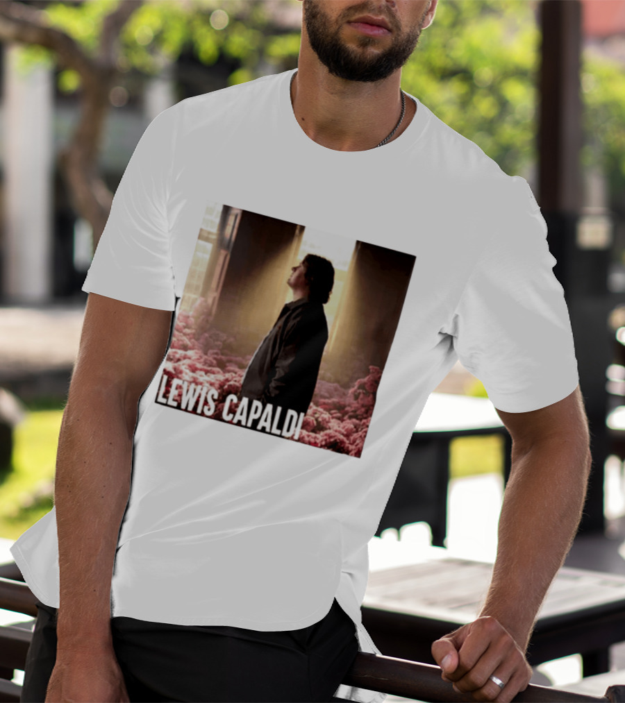 Lewis Capaldi Standing In Floral Scene With Sunlight In Concert Photo T-Shirt
