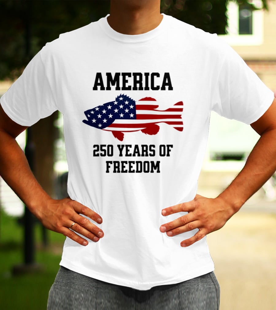 America Flag Bass Fishing 250 Years Of Freedom Celebration T-Shirt