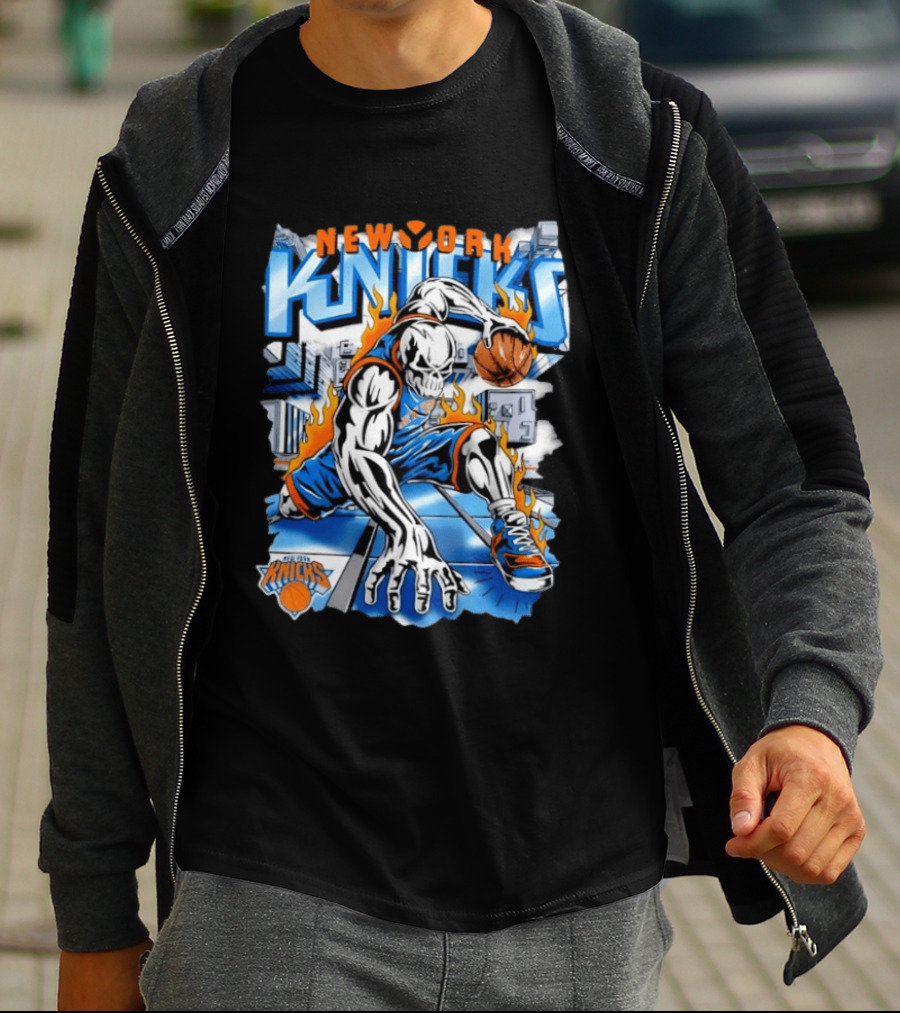 New York Knicks Basketball Urban Street Art Comic Style Flame Warrior T-Shirt