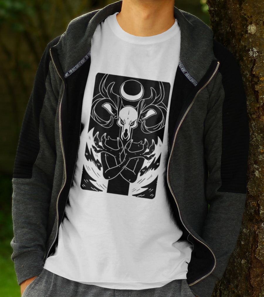 Deer Skull Antlers Crescent Moon Spirit Hands Rays Ritual Mystical Symbolism T-Shirt