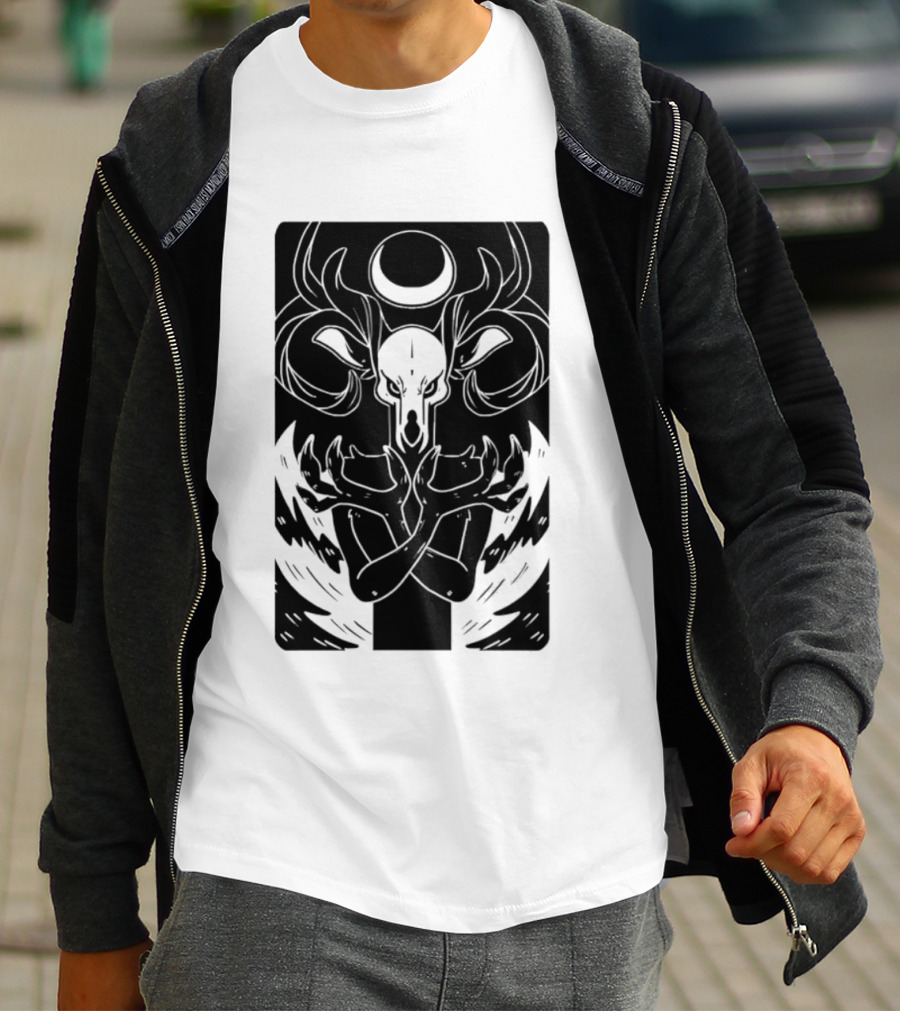 Deer Skull Antlers Crescent Moon Spirit Hands Rays Ritual Mystical Symbolism T-Shirt