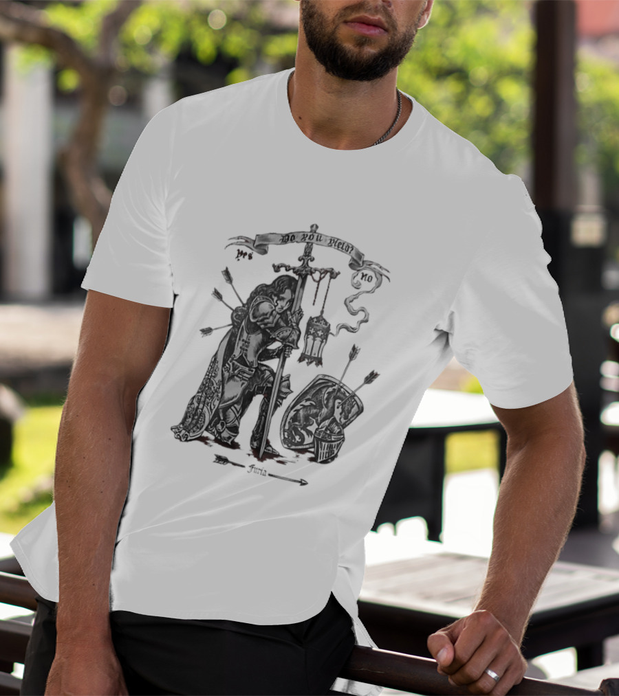 Knight Sword Shield Arrows Lantern Helmet Furia Do You Yield Yes No T-Shirt