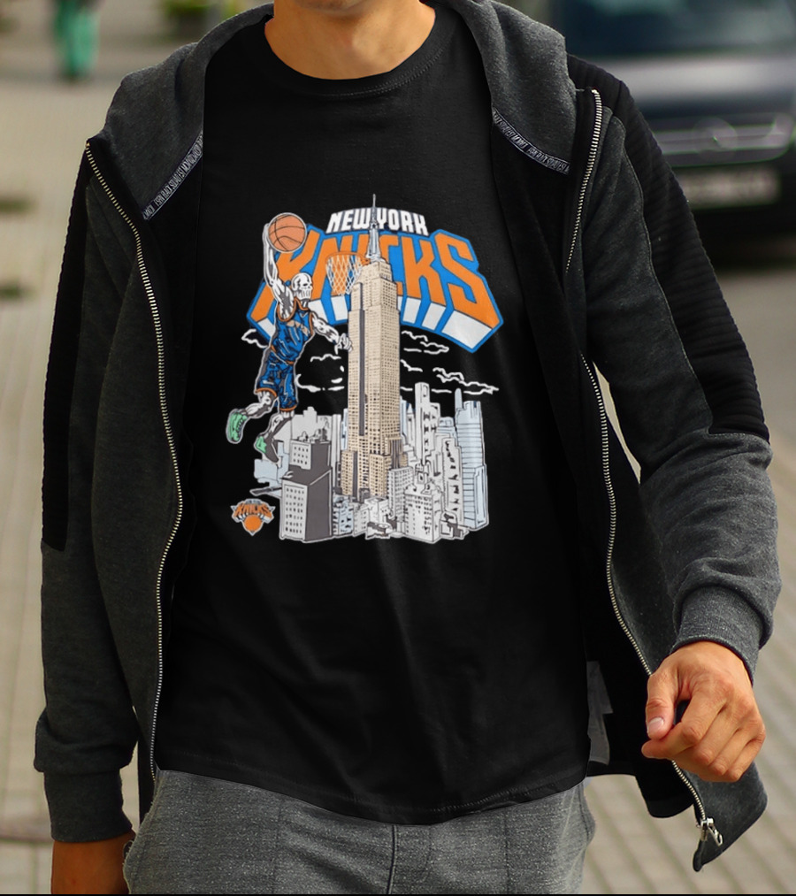 New York Knicks Skeleton Basketball Player Empire State Building Slam Dunk NBA T-Shirt