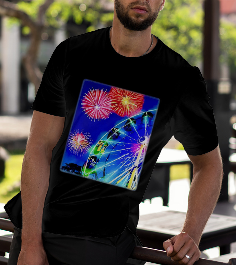 Ferris Wheel Fireworks Night Display Blue Sky T-Shirt