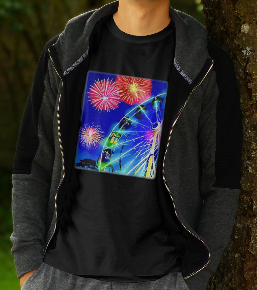 Ferris Wheel Fireworks Night Display Blue Sky T-Shirt