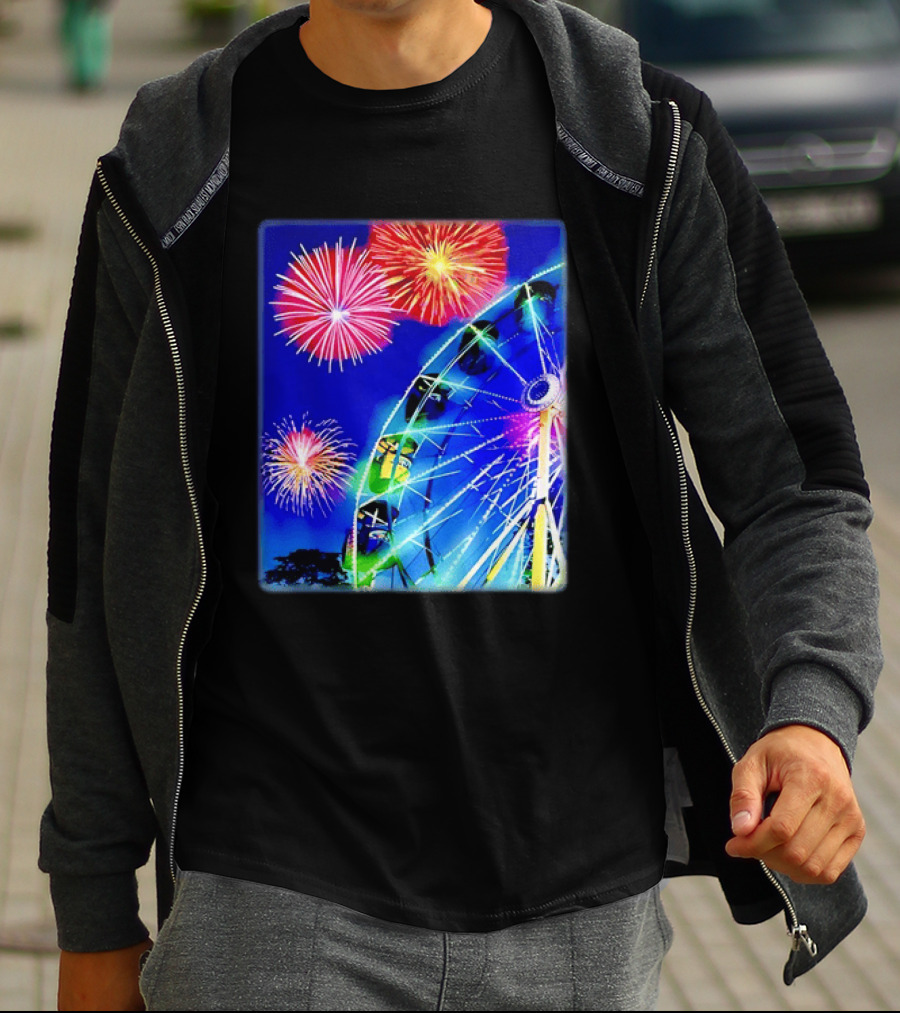 Ferris Wheel Fireworks Night Display Blue Sky T-Shirt