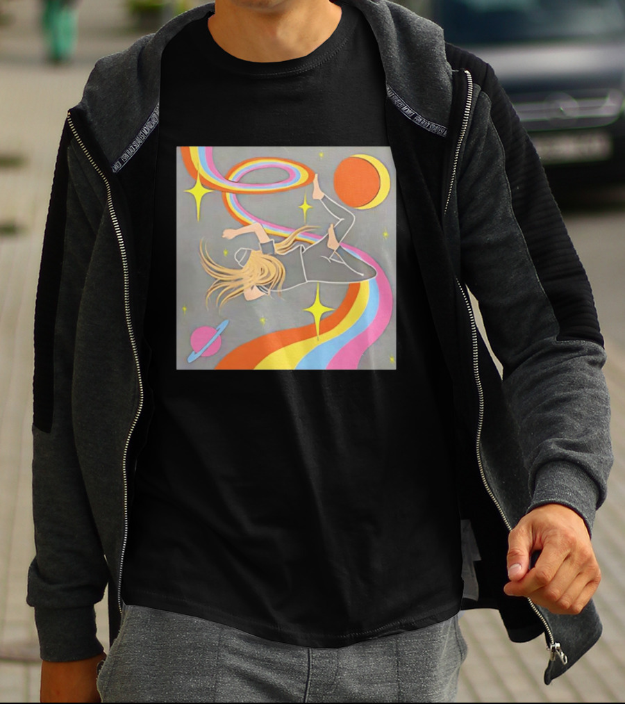 Rainbow Swirl Stars Crescent Moon Planet Orbit Cosmos Night Galaxy T-Shirt