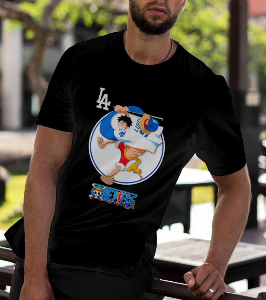 Los Angeles Dodgers Luffy OnePiece Collaboration With LA Logo And One Piece Branding T-Shirt