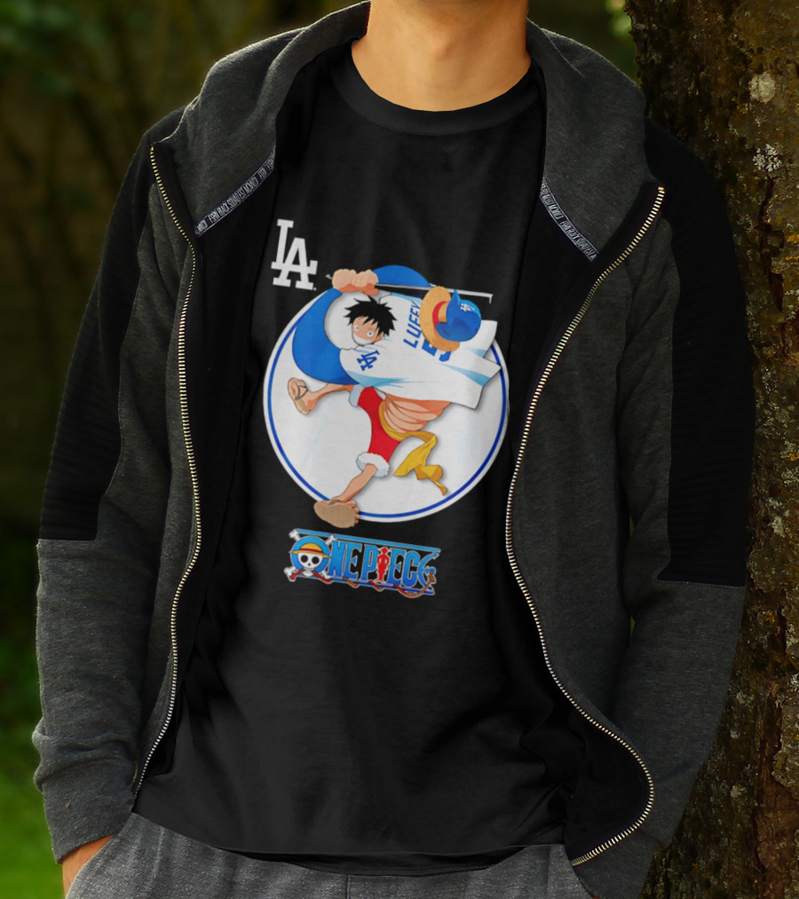 Los Angeles Dodgers Luffy OnePiece Collaboration With LA Logo And One Piece Branding T-Shirt