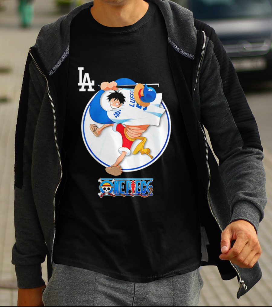 Los Angeles Dodgers Luffy OnePiece Collaboration With LA Logo And One Piece Branding T-Shirt