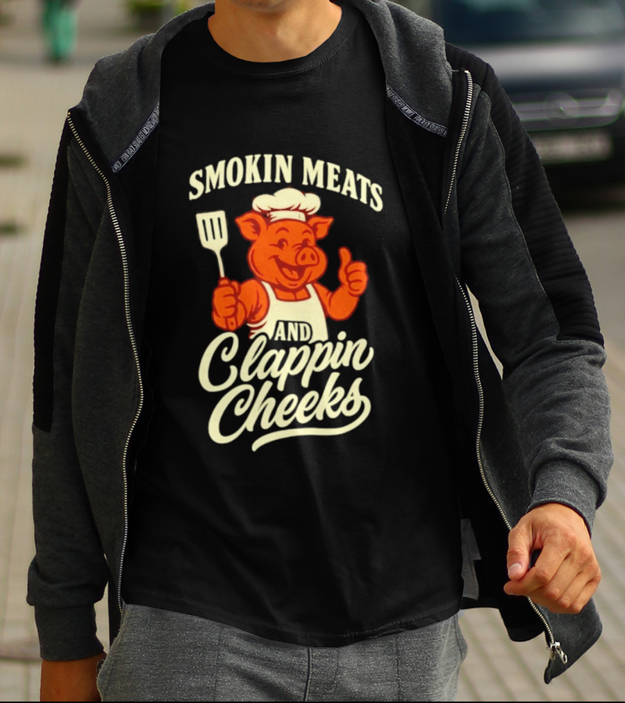 Smokin Meats And Clappin Cheeks Pig Chef Thumbs Up BBQ T-Shirt