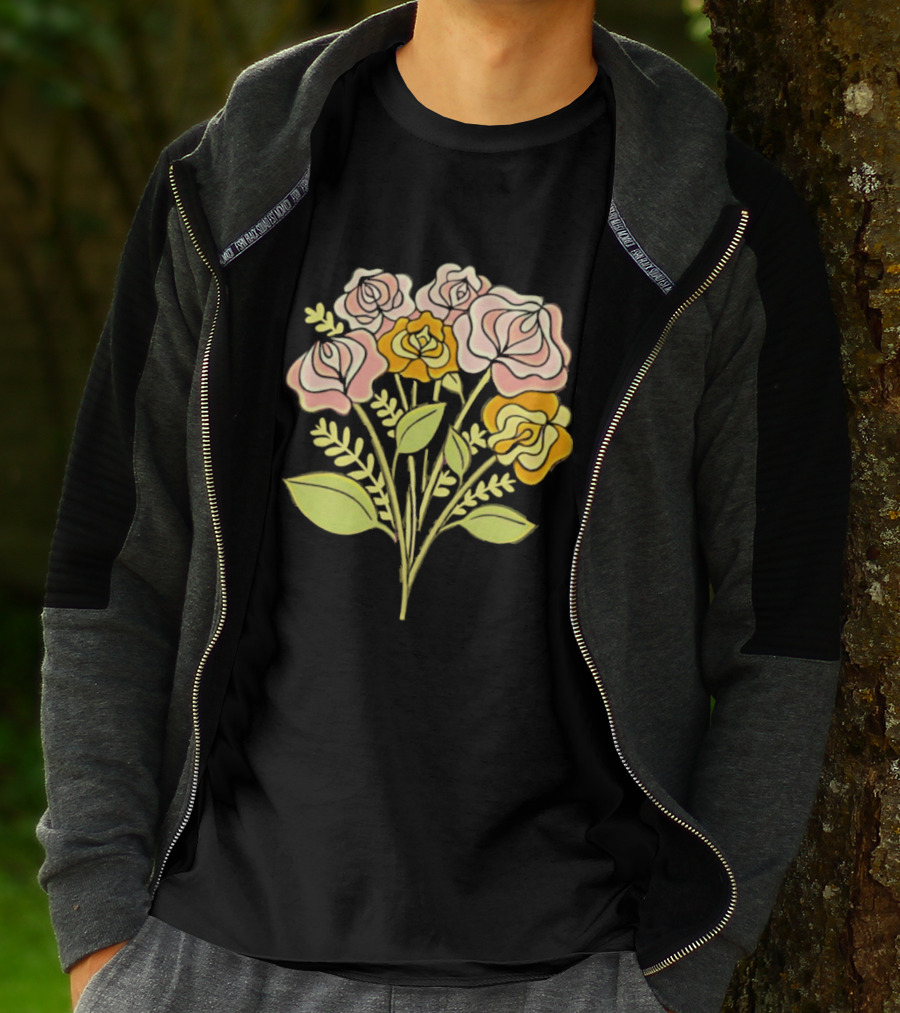 Pink Roses Yellow Roses Leaves Stems Bloom Blossom Petal Flower Plant T-Shirt